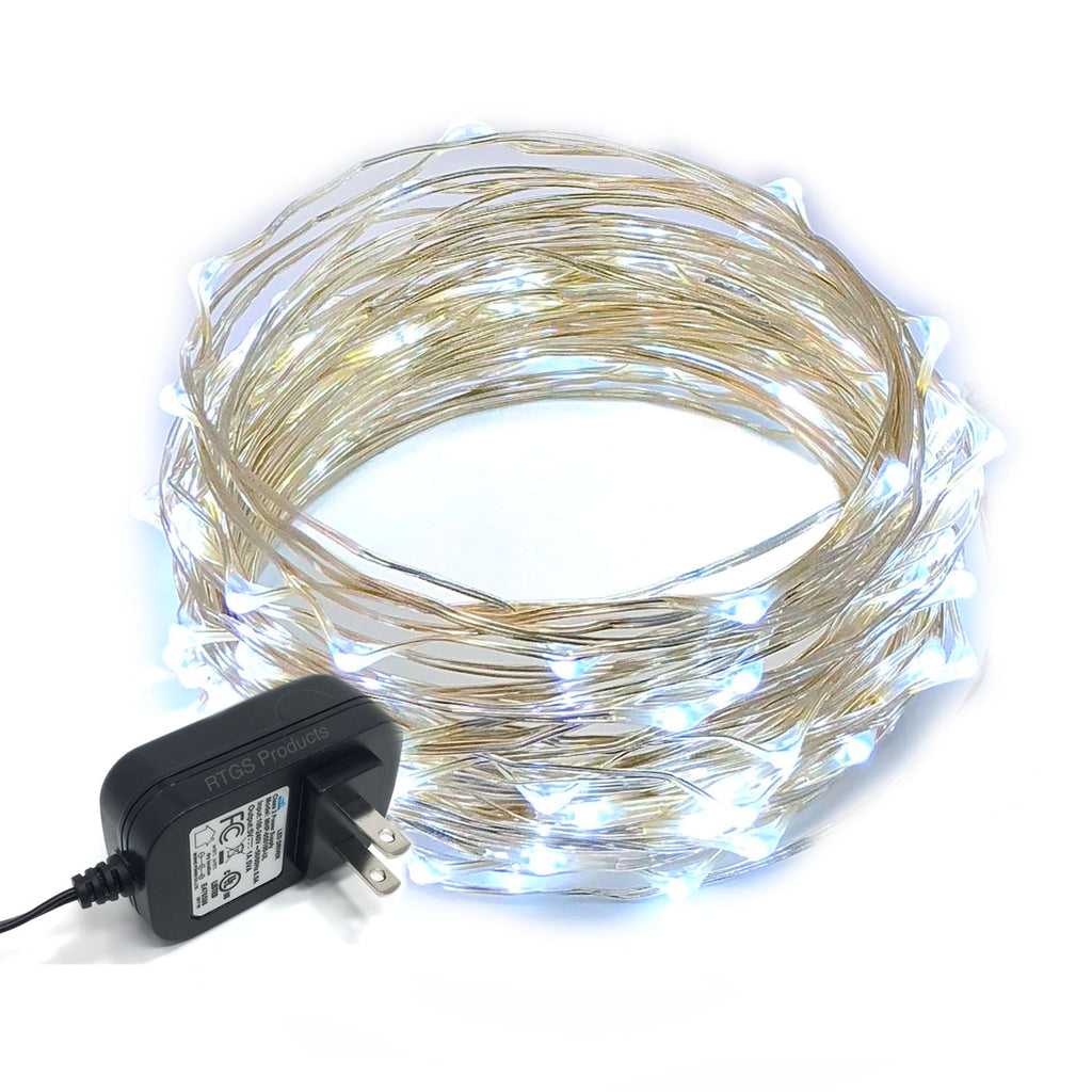 RTGS 100 Cold White Color LED String Lights Plug In on 32 Feet Silver Color Wire for Indoor and Outdoor Use