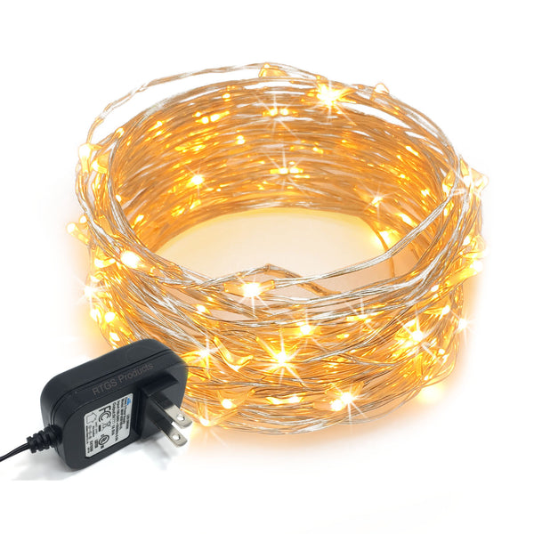 RTGS 100 Warm White Color LED String Lights Plug In on 32 Feet Silver Color Wire for Indoor and Outdoor Use