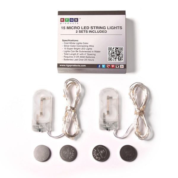 RTGS 2 Sets 15 Cold White Color LED String Lights Batteries Operated on 6 Feet Silver Color Wire