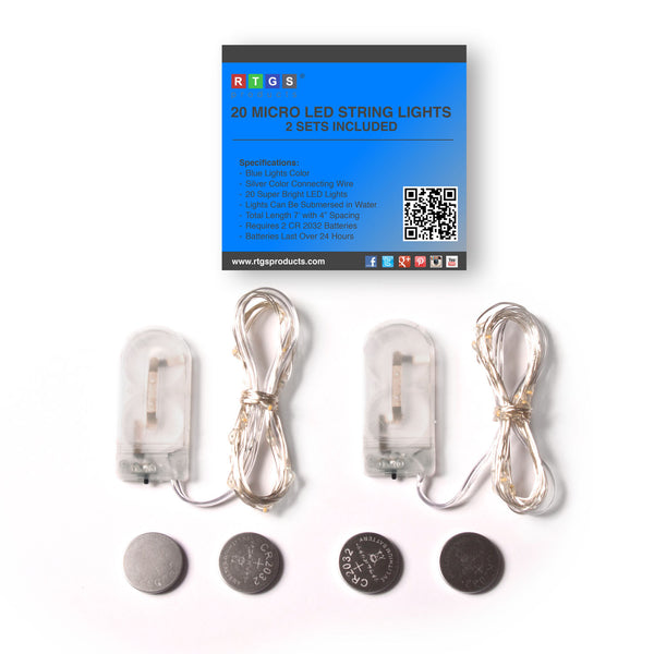 RTGS 2 Sets 20 Blue Color LED String Lights Batteries Operated on 6.5 Feet Silver Color Wire