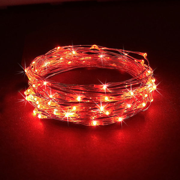 RTGS 60 Red Color LED String Lights Batteries Operated on 20 Feet Long Silver Color Wire with Black Waterproof Batteries Box and Timer