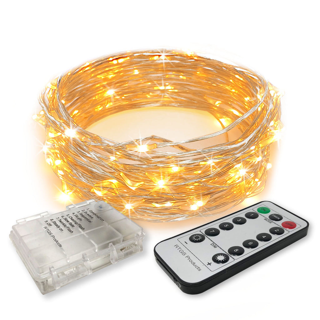 RTGS 60 Warm White Color LED String Lights Batteries Operated on 20 Feet Long Silver Color Wire, Clear Waterproof Batteries Box, Remote Control with Timer, Dimmer and 8 Operating Functions
