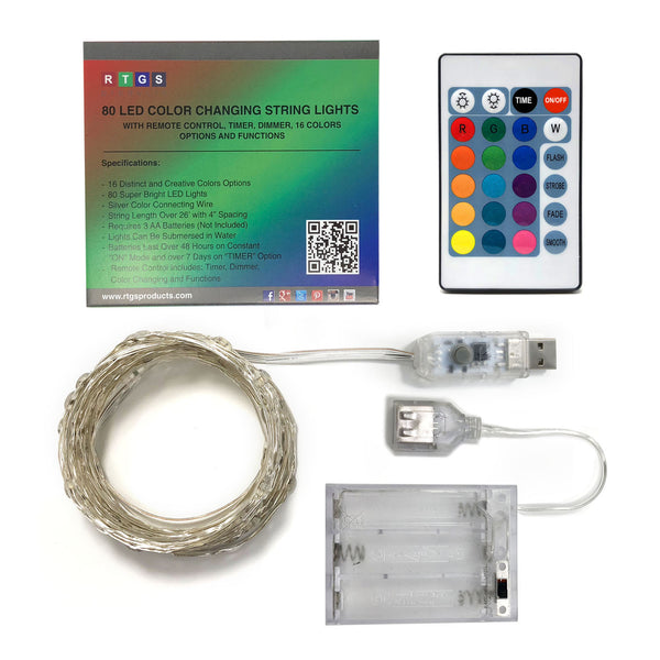 RTGS 80 Multi Color Changing LED String Lights USB Powered on 24 Feet Silver Color Wire with Remote Control, 16 Colors, Timer, 4 Functions and Dimmer