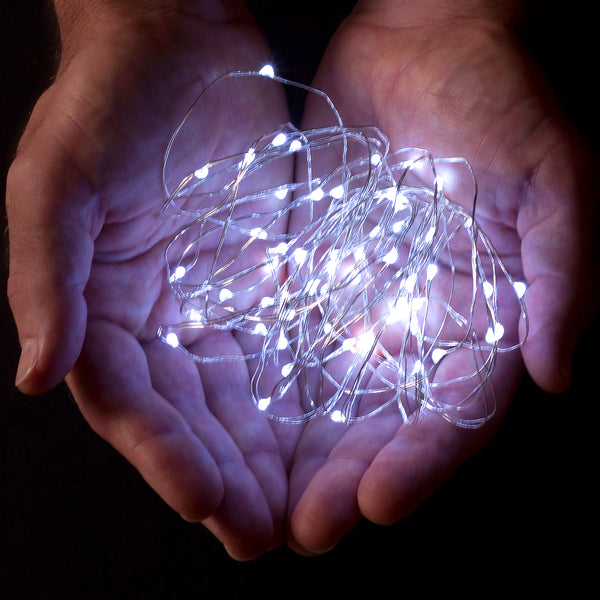 RTGS 60 Cold White Color LED String Lights Batteries Operated on 20 Feet Long Silver Color Wire with Black Waterproof Batteries Box and Timer